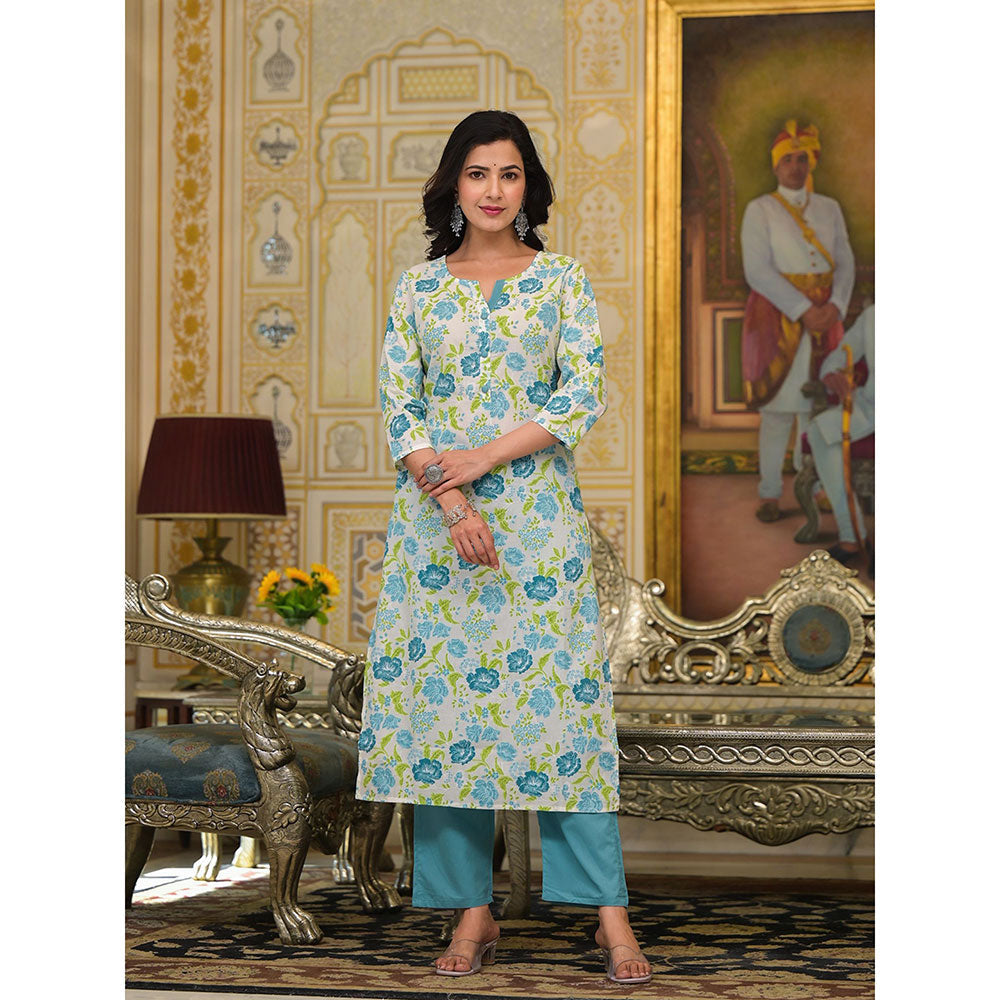 Yufta Teal Floral Print Button Show On Yoke Kurta with Pant and Dupatta (Set of 3)