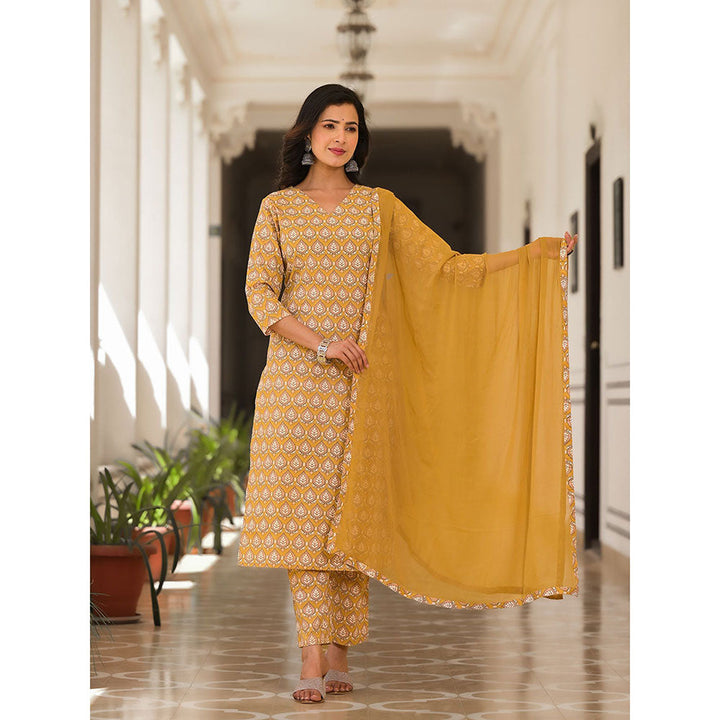 Yufta Cotton Mustard Leaf Print Kurta with Pant and Dupatta (Set of 3)