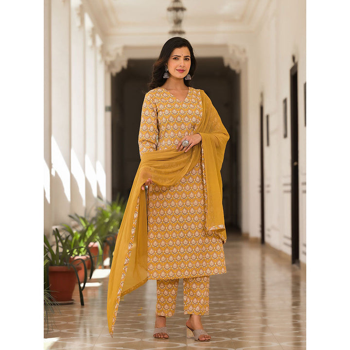 Yufta Cotton Mustard Leaf Print Kurta with Pant and Dupatta (Set of 3)