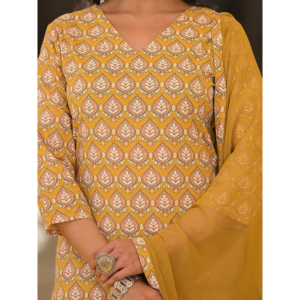 Yufta Cotton Mustard Leaf Print Kurta with Pant and Dupatta (Set of 3)