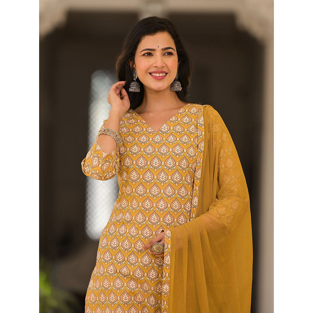 Yufta Cotton Mustard Leaf Print Kurta with Pant and Dupatta (Set of 3)