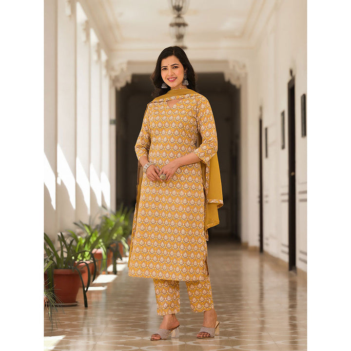 Yufta Cotton Mustard Leaf Print Kurta with Pant and Dupatta (Set of 3)