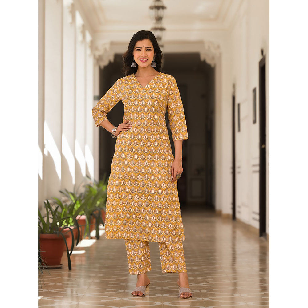 Yufta Cotton Mustard Leaf Print Kurta with Pant and Dupatta (Set of 3)