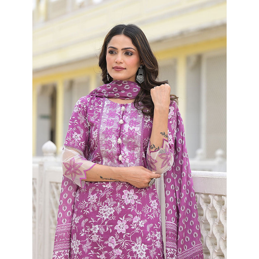 Yufta Lavender Floral Print Pakistani Kurta with Pant and Dupatta (Set of 3)