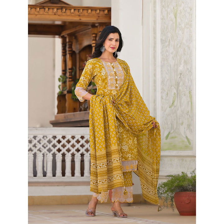 Yufta Mustard Floral Print Pakistani Kurta with Pant and Dupatta (Set of 3)