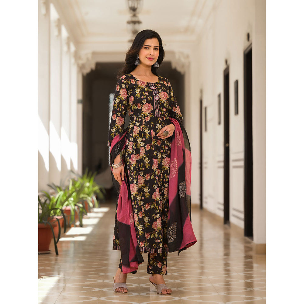 Yufta Black Floral Print Zari Work Anarkali Kurta with Pant and Dupatta (Set of 3)