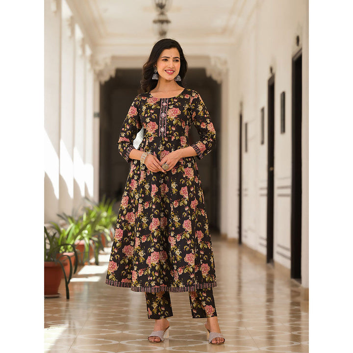 Yufta Black Floral Print Zari Work Anarkali Kurta with Pant and Dupatta (Set of 3)