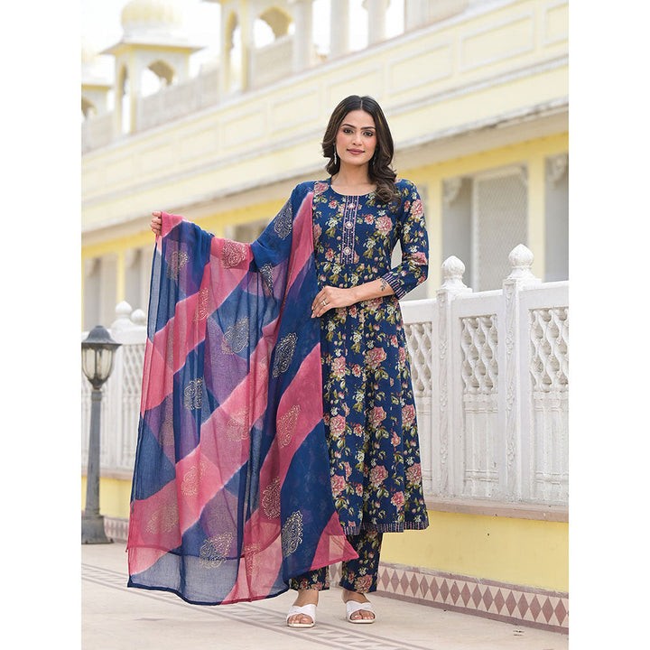 Yufta Blue Floral Print Zari Work Anarkali Kurta with Pant and Dupatta (Set of 3)