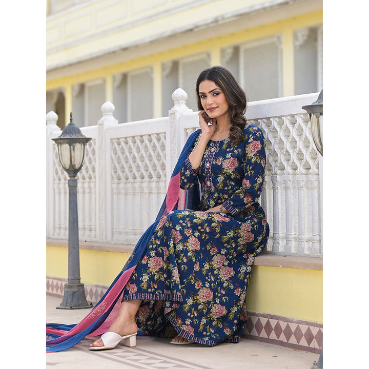 Yufta Blue Floral Print Zari Work Anarkali Kurta with Pant and Dupatta (Set of 3)