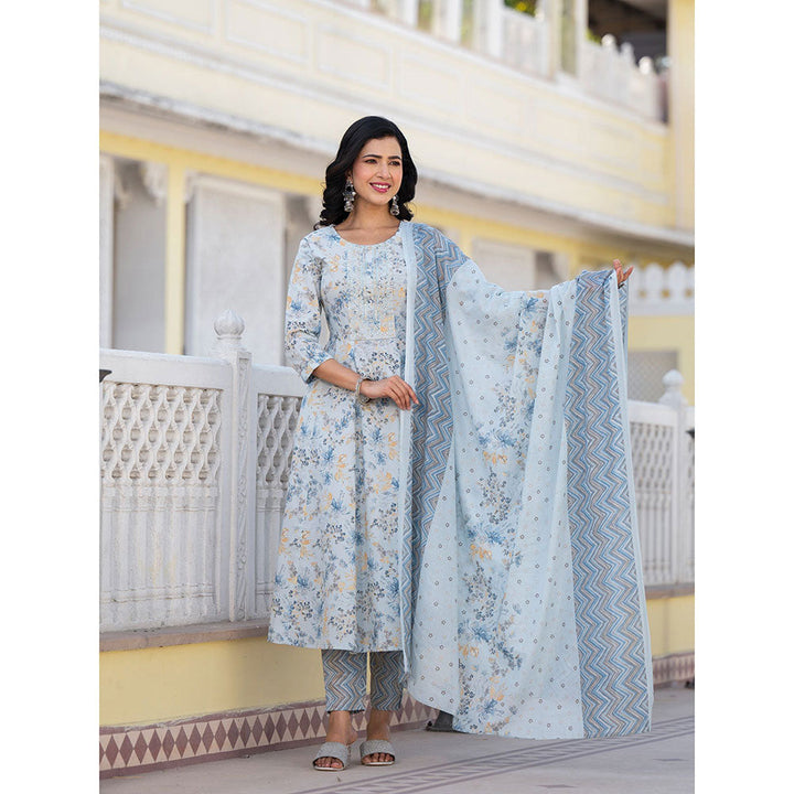 Yufta Blue Sequins Work Anarkali Kurta with Pant and Dupatta (Set of 3)