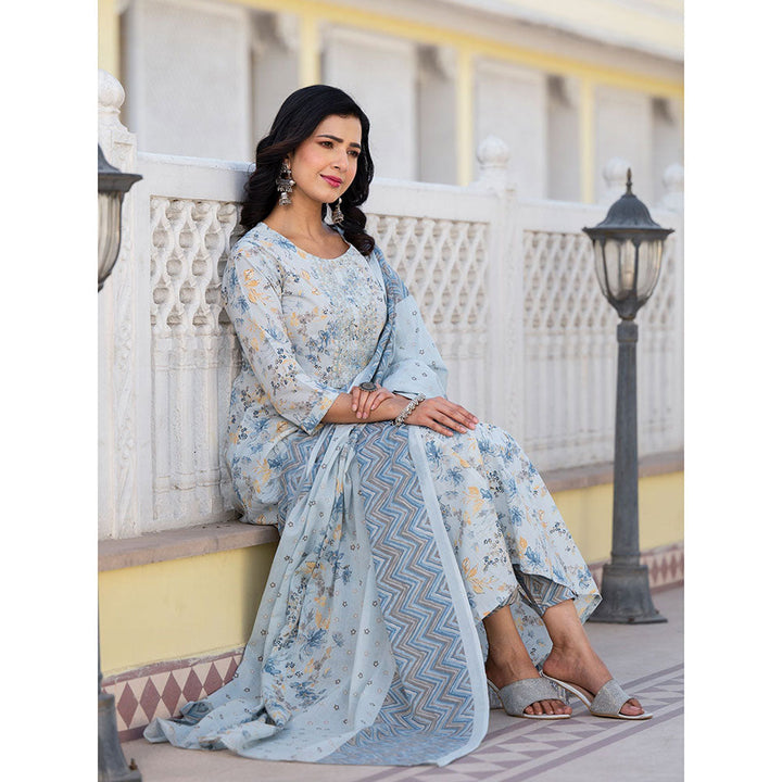 Yufta Blue Sequins Work Anarkali Kurta with Pant and Dupatta (Set of 3)