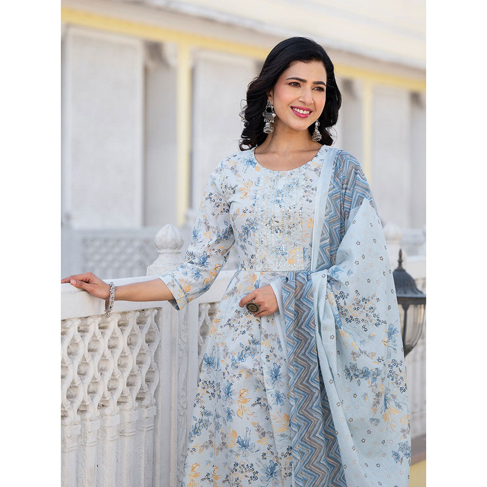 Yufta Blue Sequins Work Anarkali Kurta with Pant and Dupatta (Set of 3)