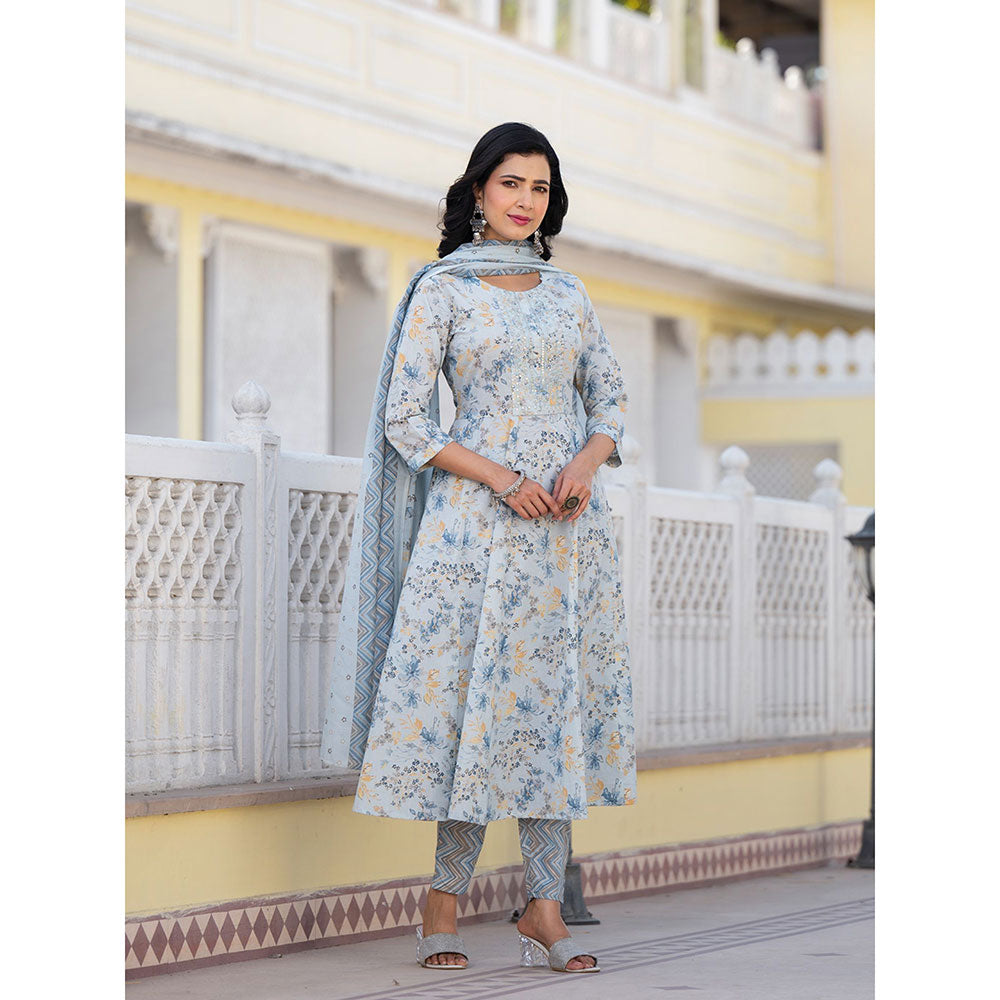 Yufta Blue Sequins Work Anarkali Kurta with Pant and Dupatta (Set of 3)