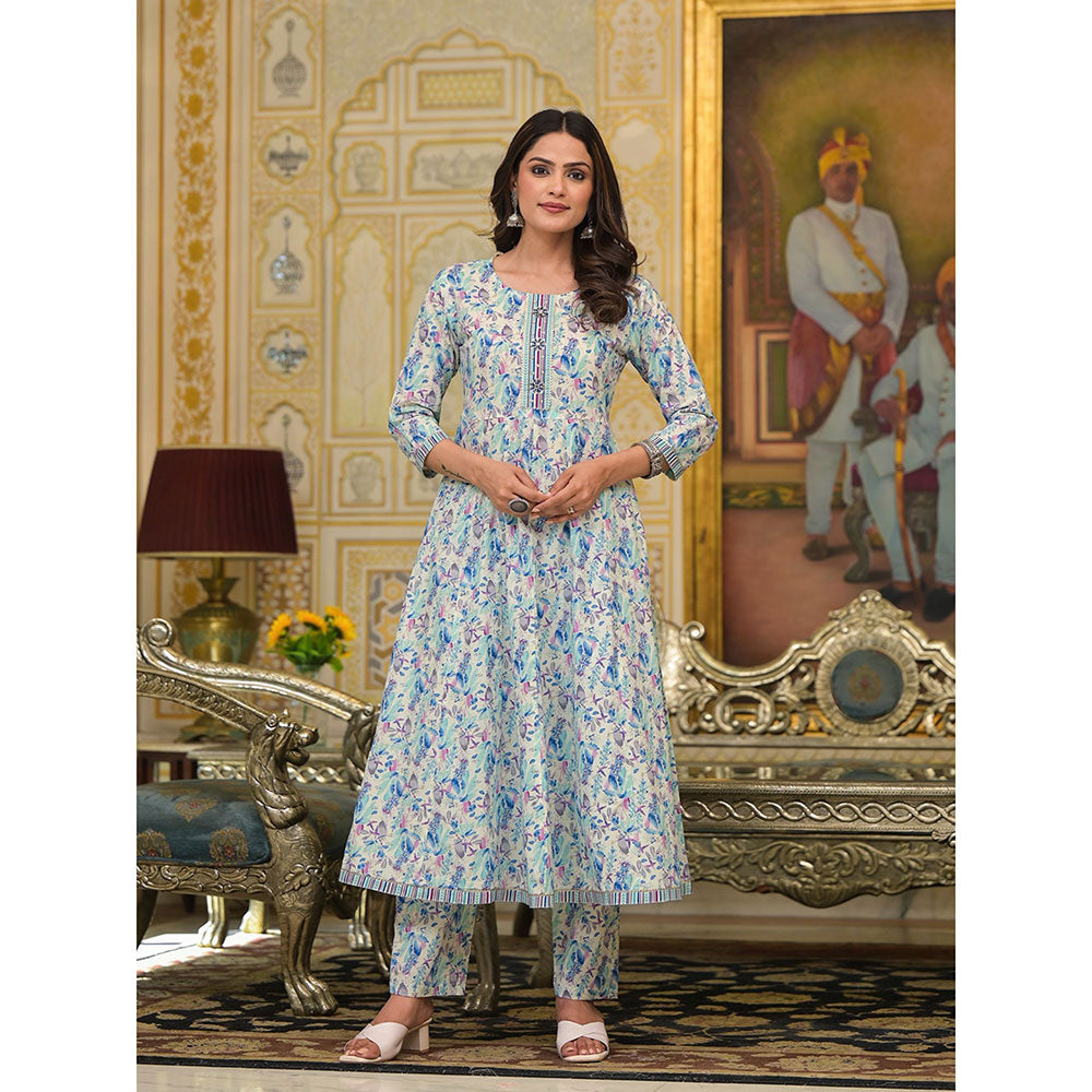 Yufta Blue Floral Print Anarkali Kurta with Pant and Dupatta (Set of 3)