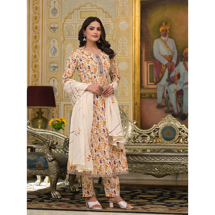 Yufta Mustard Floral Print Anarkali Kurta with Pant and Dupatta (Set of 3)