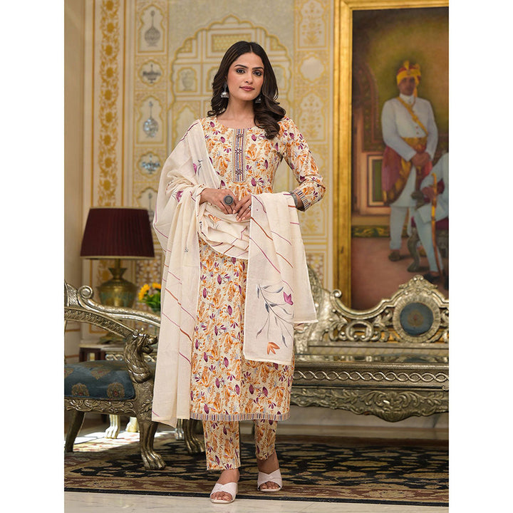 Yufta Mustard Floral Print Anarkali Kurta with Pant and Dupatta (Set of 3)