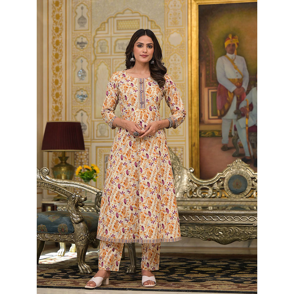 Yufta Mustard Floral Print Anarkali Kurta with Pant and Dupatta (Set of 3)