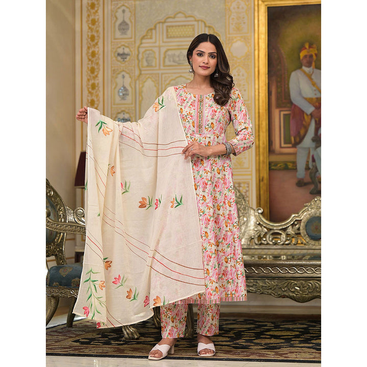 Yufta Pink Floral Print Anarkali Kurta with Pant and Dupatta (Set of 3)