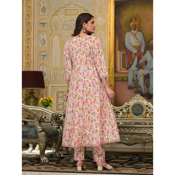 Yufta Pink Floral Print Anarkali Kurta with Pant and Dupatta (Set of 3)