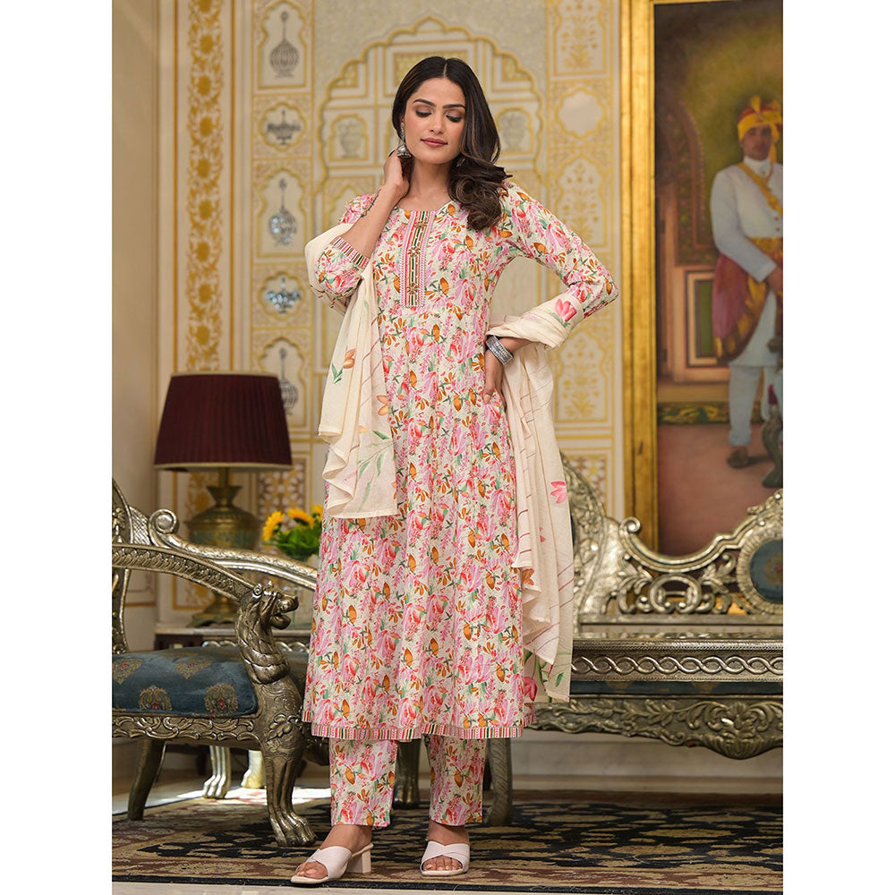 Yufta Pink Floral Print Anarkali Kurta with Pant and Dupatta (Set of 3)