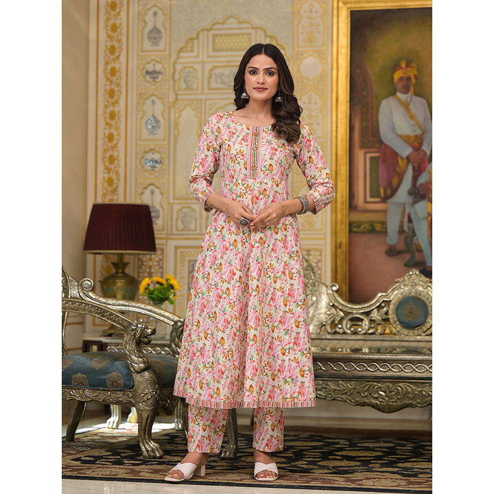 Yufta Pink Floral Print Anarkali Kurta with Pant and Dupatta (Set of 3)