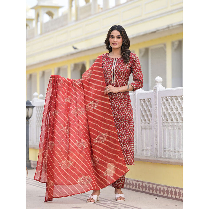 Yufta Red Work Straight Kurta with Pant and Dupatta (Set of 3)