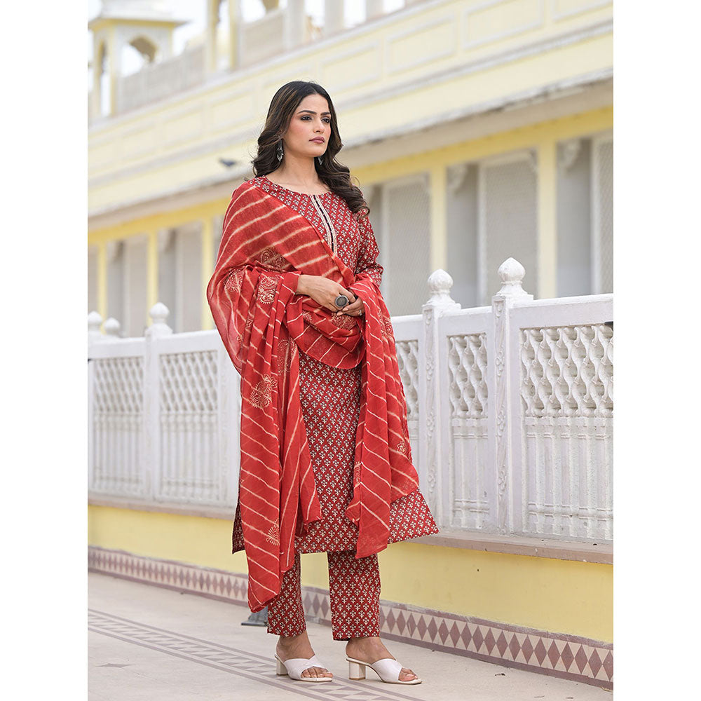 Yufta Red Work Straight Kurta with Pant and Dupatta (Set of 3)