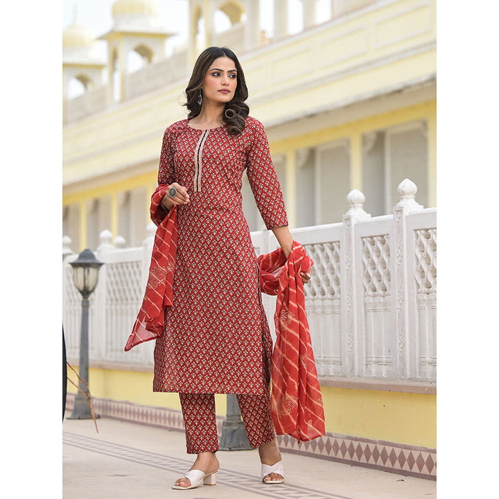 Yufta Red Work Straight Kurta with Pant and Dupatta (Set of 3)