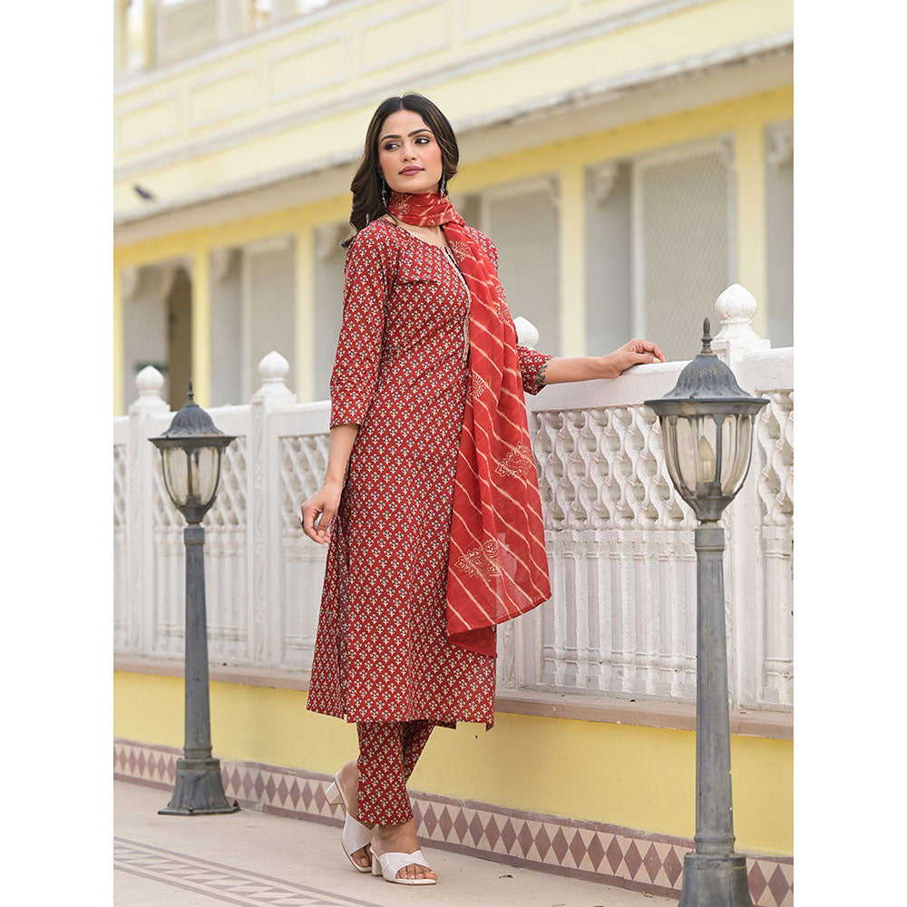 Yufta Red Work Straight Kurta with Pant and Dupatta (Set of 3)