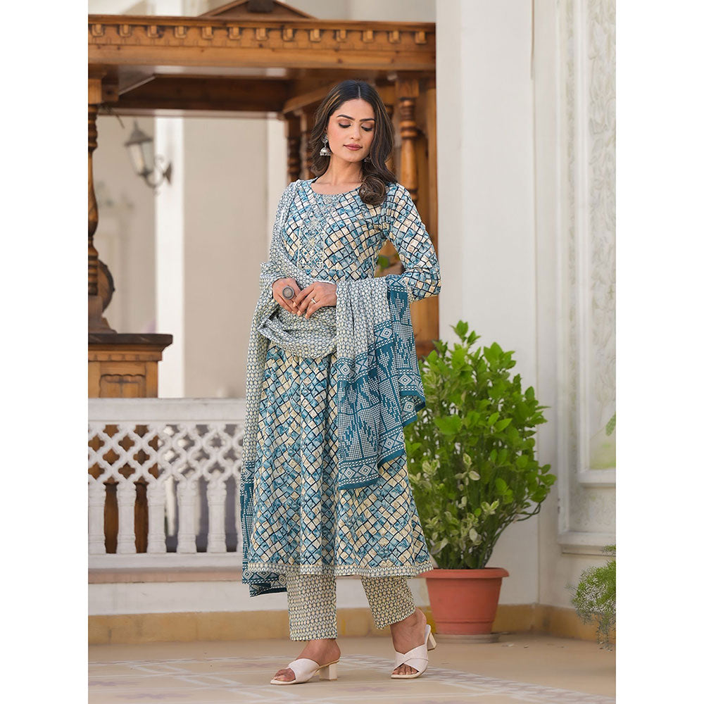 Yufta Blue Embroidered Print Anarkali Kurta with Pant and Dupatta (Set of 3)