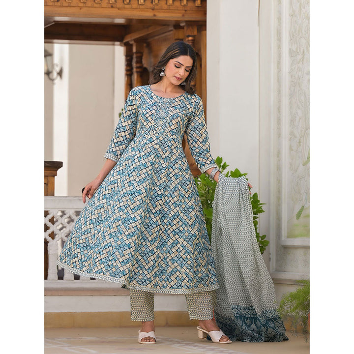 Yufta Blue Embroidered Print Anarkali Kurta with Pant and Dupatta (Set of 3)