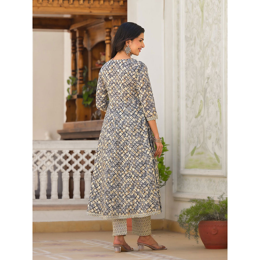 Yufta Grey Embroidered Print Anarkali Kurta with Pant and Dupatta (Set of 3)