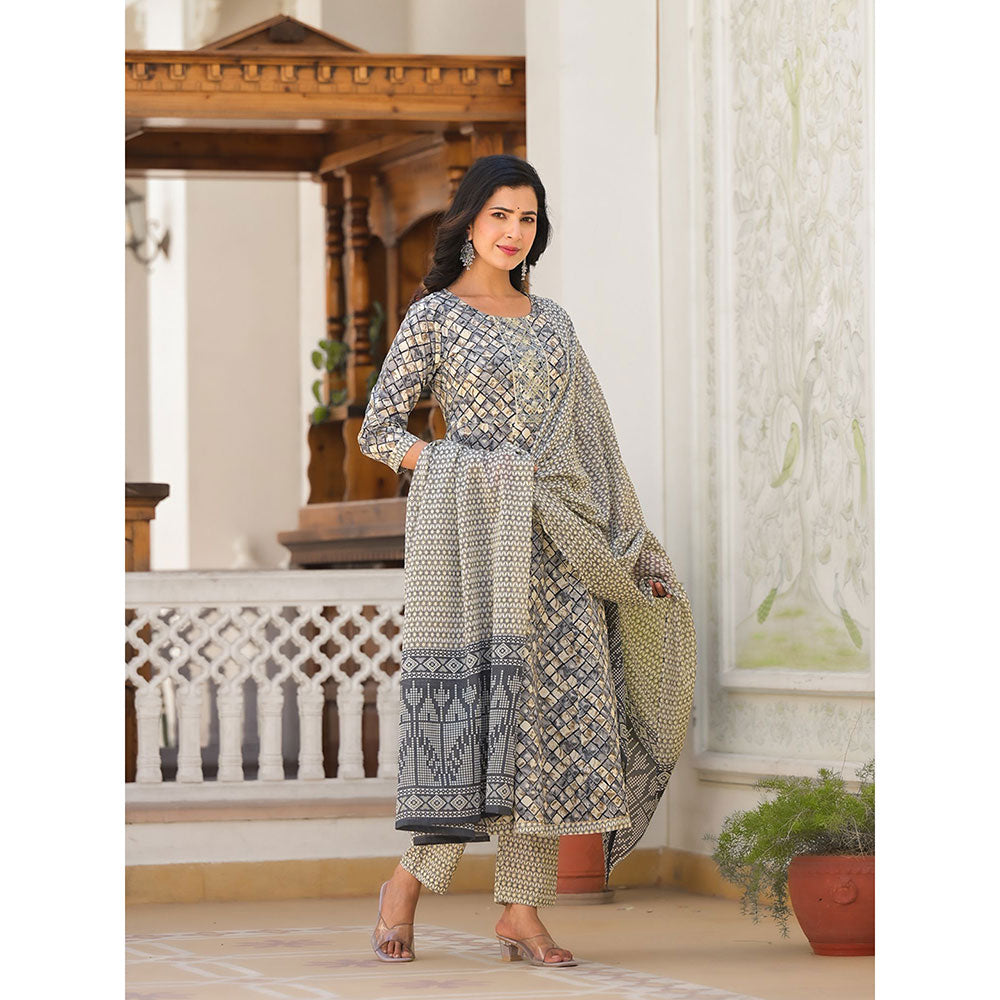 Yufta Grey Embroidered Print Anarkali Kurta with Pant and Dupatta (Set of 3)