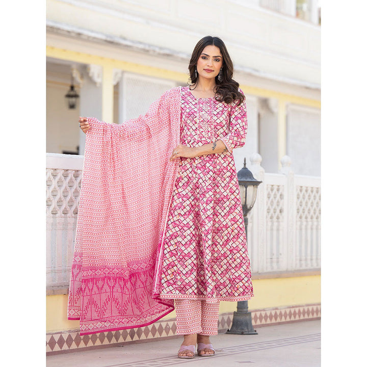 Yufta Pink Embroidered Print Anarkali Kurta with Pant and Dupatta (Set of 3)