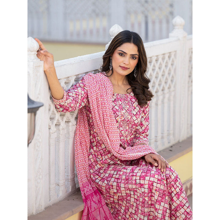 Yufta Pink Embroidered Print Anarkali Kurta with Pant and Dupatta (Set of 3)