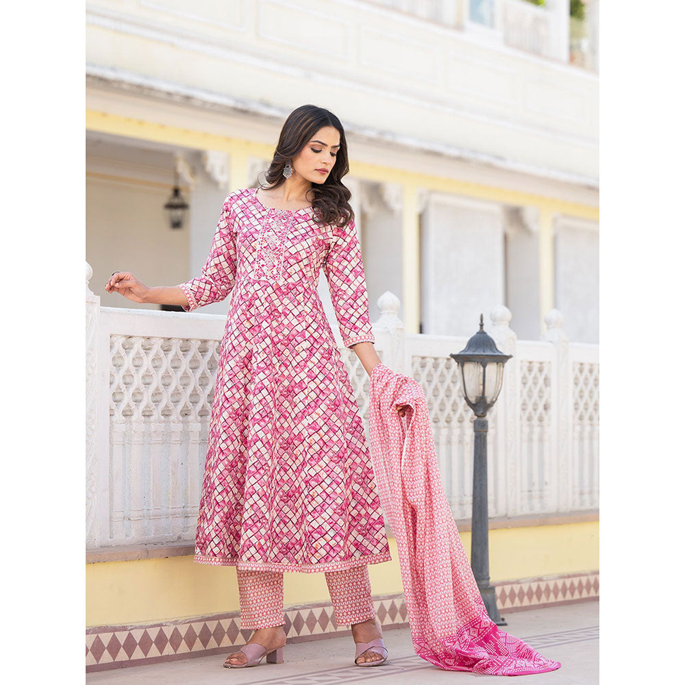 Yufta Pink Embroidered Print Anarkali Kurta with Pant and Dupatta (Set of 3)