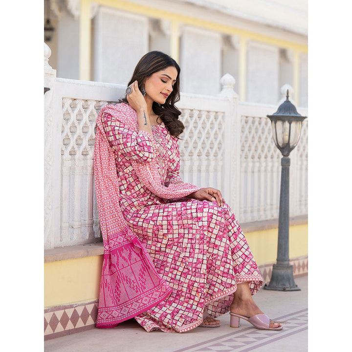 Yufta Pink Embroidered Print Anarkali Kurta with Pant and Dupatta (Set of 3)