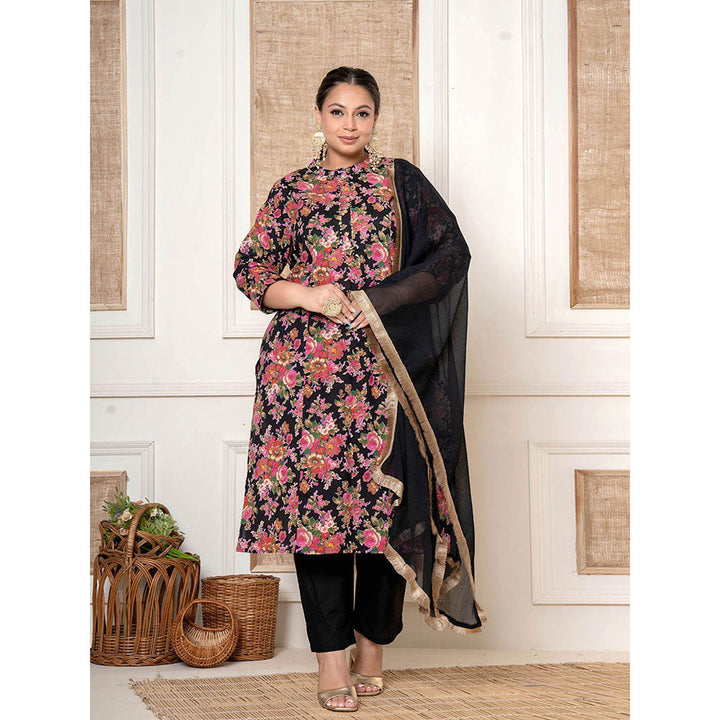 Yufta Black Kantha Work Cotton Plus Size Kurta with Pant and Dupatta (Set of 3)