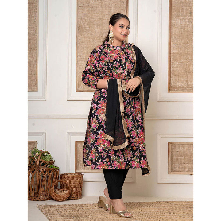 Yufta Black Kantha Work Cotton Plus Size Kurta with Pant and Dupatta (Set of 3)