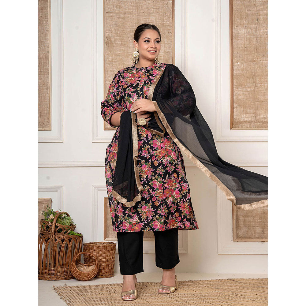 Yufta Black Kantha Work Cotton Plus Size Kurta with Pant and Dupatta (Set of 3)