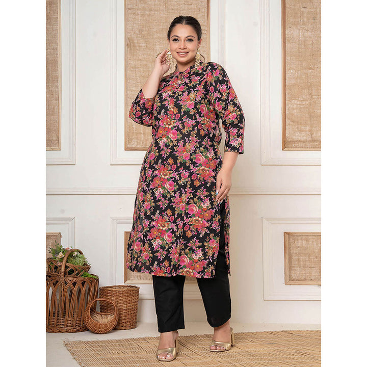 Yufta Black Kantha Work Cotton Plus Size Kurta and Pant (Set of 2)