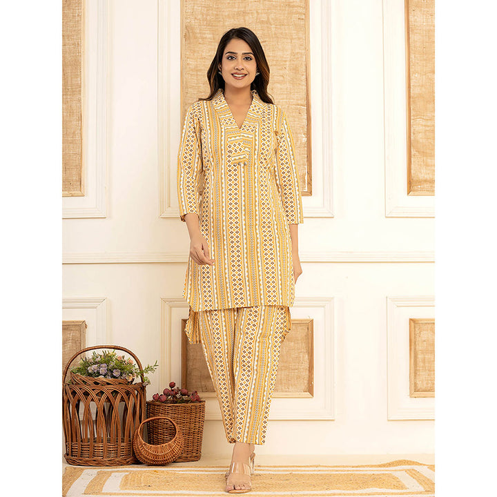 Yufta Mustard Cotton Ethnic Motifs Striped Print Co-Ord (Set of 2)