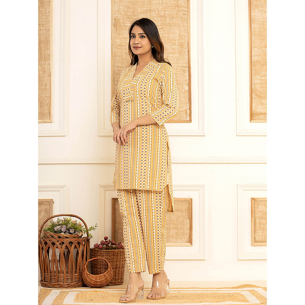 Yufta Mustard Cotton Ethnic Motifs Striped Print Co-Ord (Set of 2)