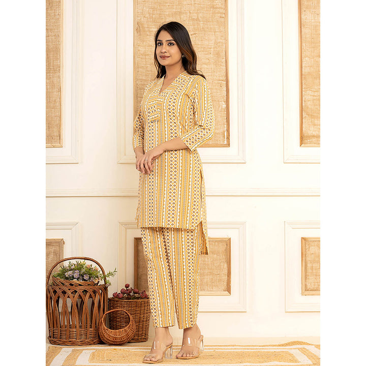 Yufta Mustard Cotton Ethnic Motifs Striped Print Co-Ord (Set of 2)