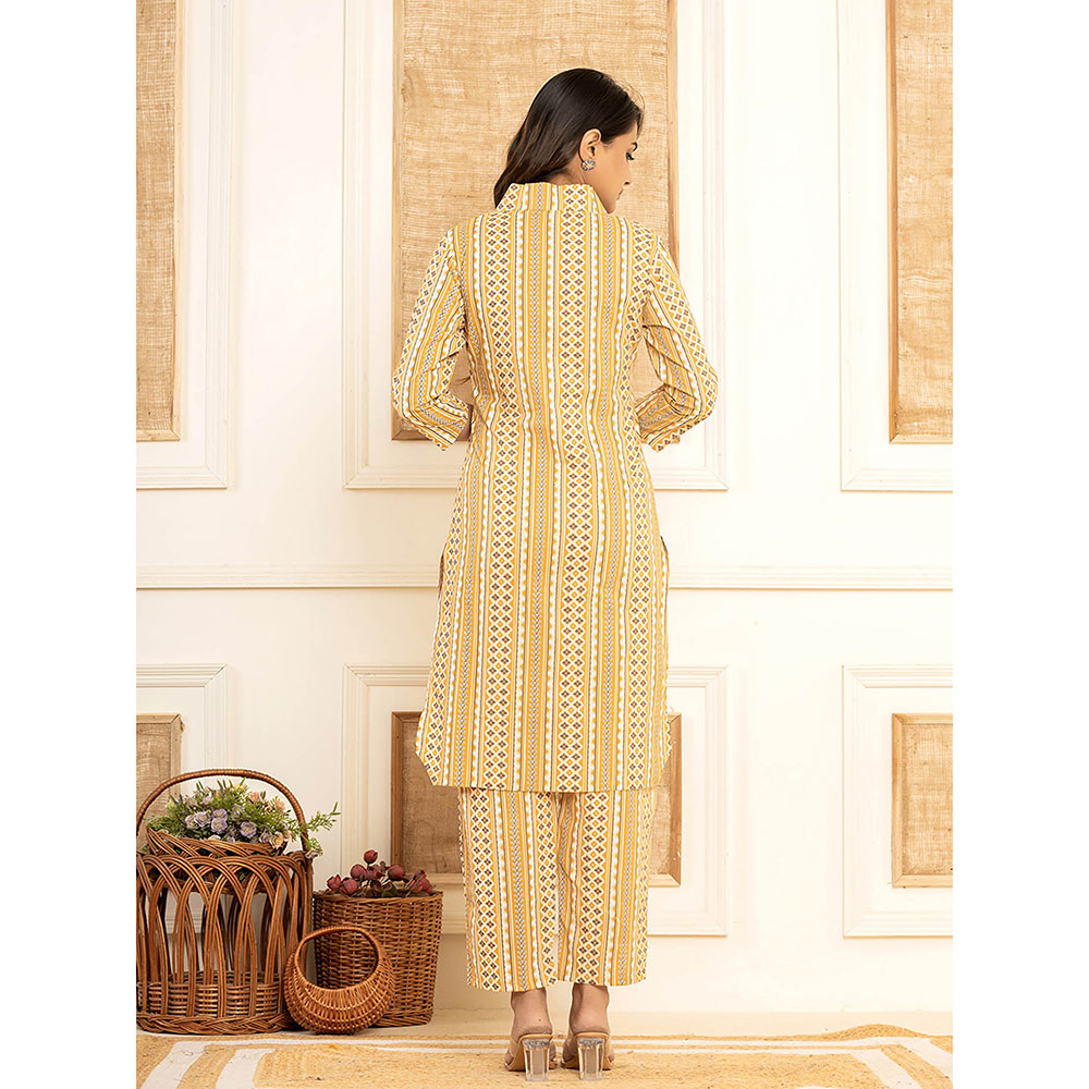 Yufta Mustard Cotton Ethnic Motifs Striped Print Co-Ord (Set of 2)