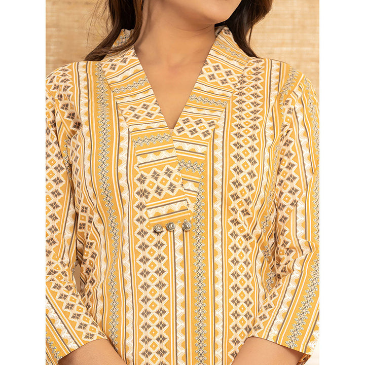 Yufta Mustard Cotton Ethnic Motifs Striped Print Co-Ord (Set of 2)