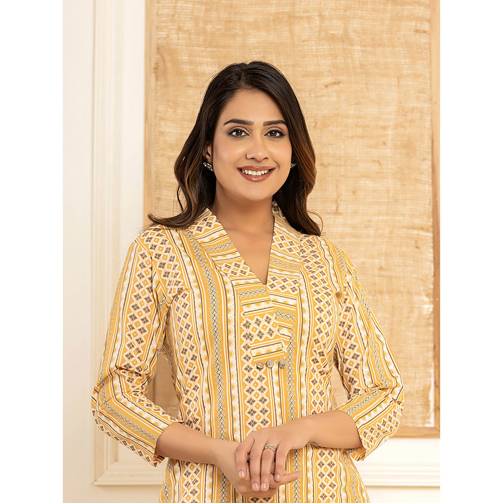 Yufta Mustard Cotton Ethnic Motifs Striped Print Co-Ord (Set of 2)