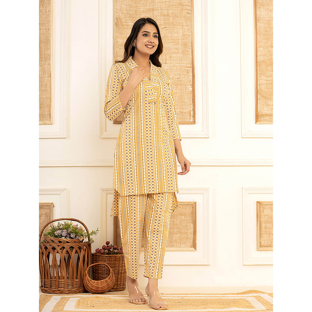 Yufta Mustard Cotton Ethnic Motifs Striped Print Co-Ord (Set of 2)