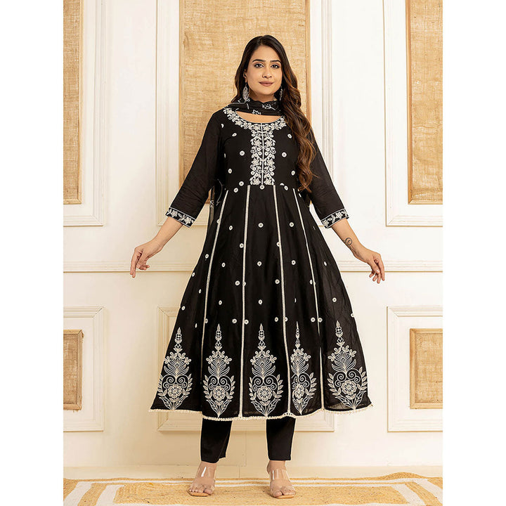 Yufta Black Cotton Embroidered Kurta with Trouser and Dupatta (Set of 3)