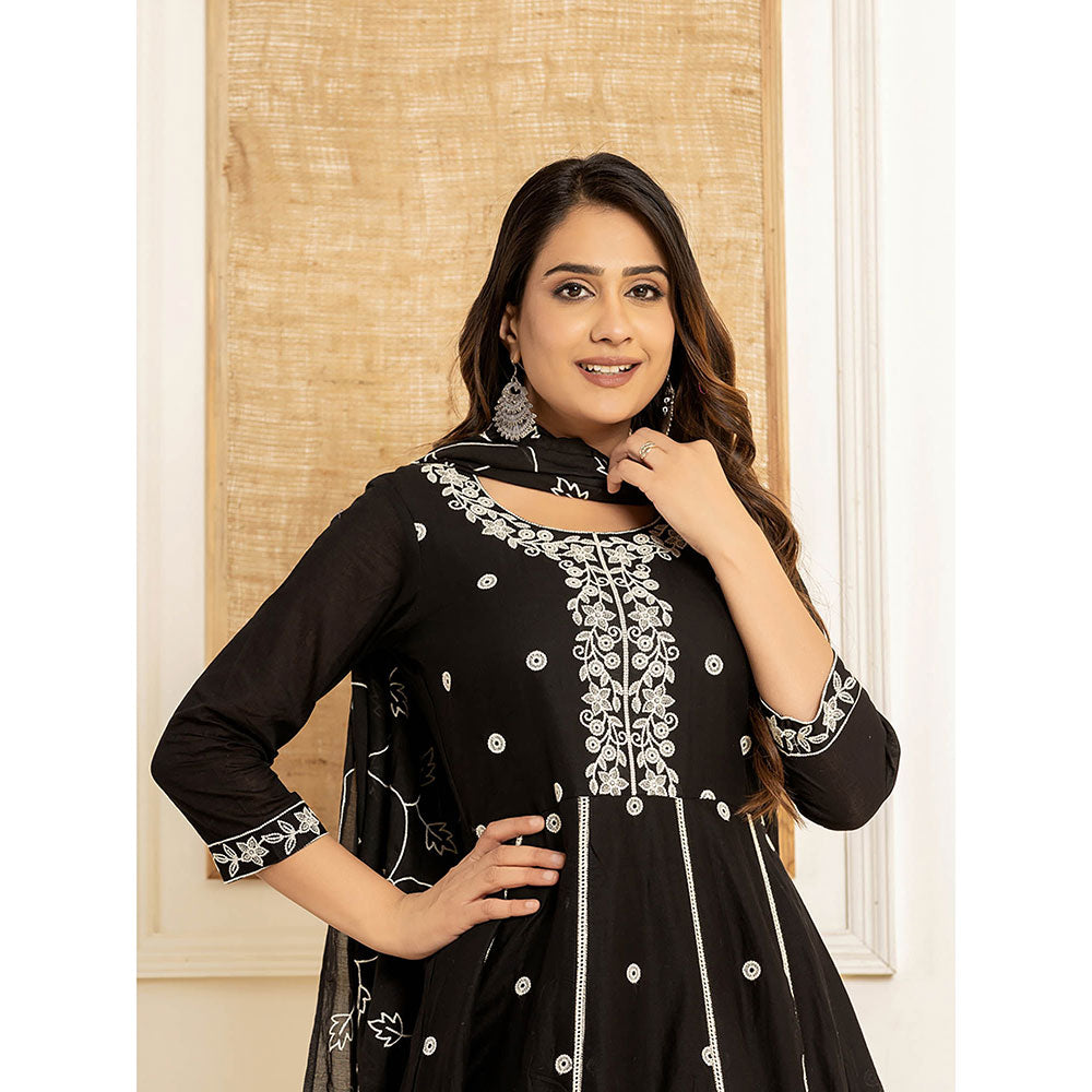 Yufta Black Cotton Embroidered Kurta with Trouser and Dupatta (Set of 3)